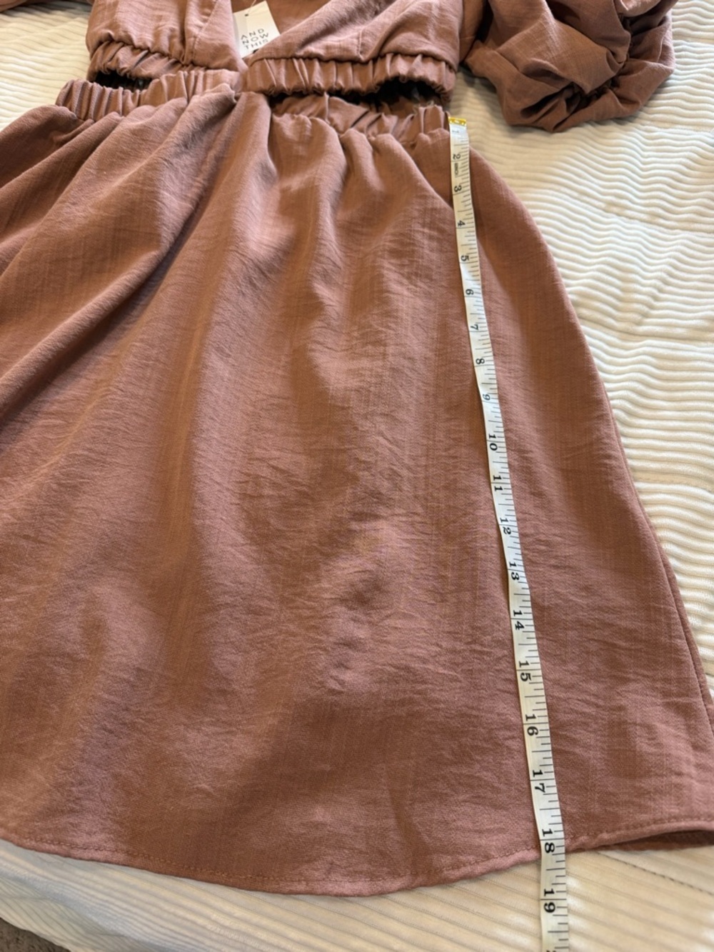NWT Boho Puff-Sleeve Cutout Mini Dress in Dusty Rose - Picture 6 of 7